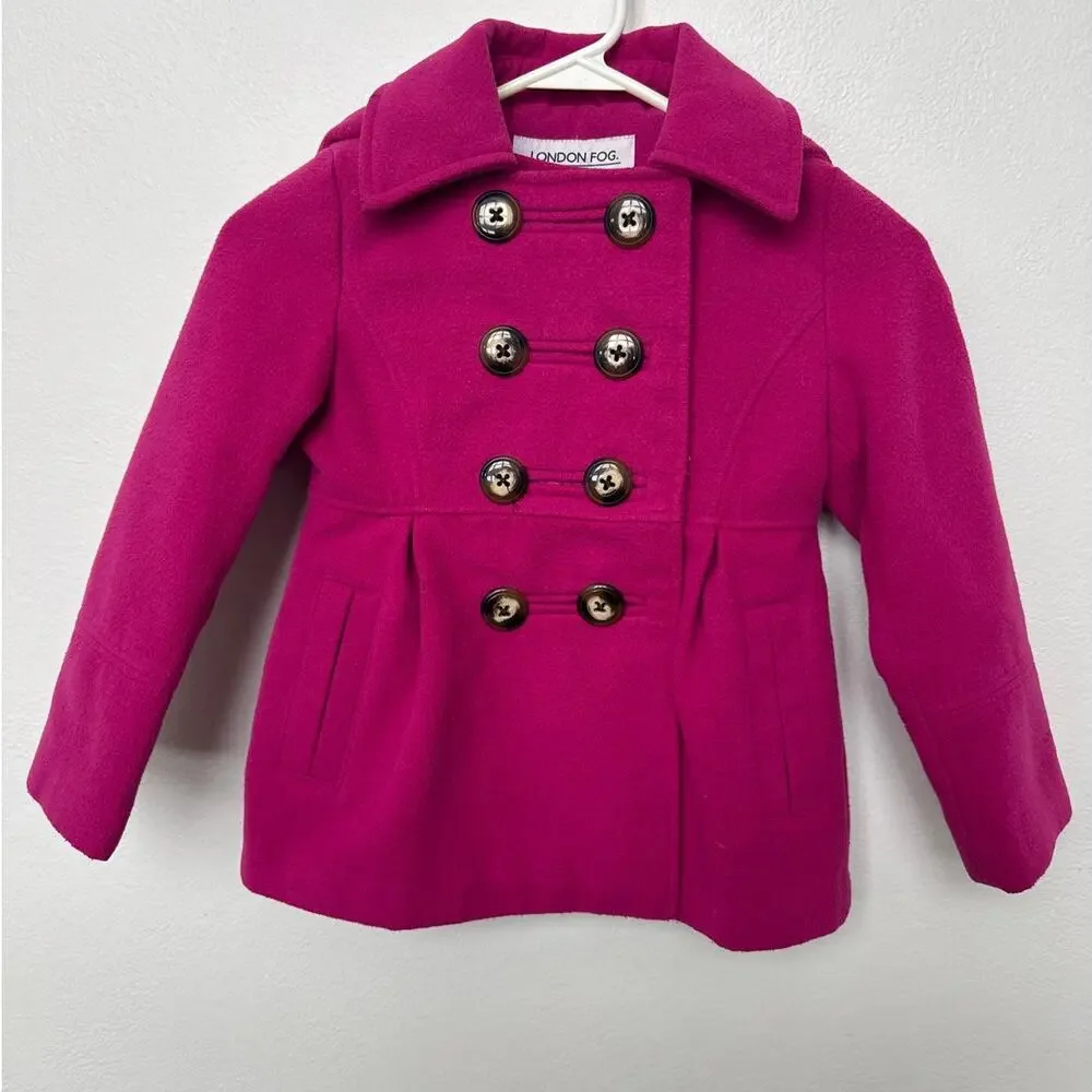 London Fog Double Breasted Hooded Pea Coat Fuchsia Pink Kids Girls 6 / 6X